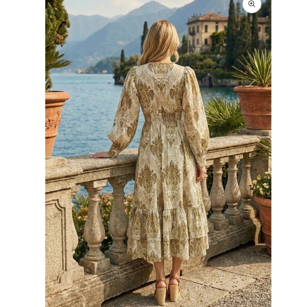 Trish Scully islanDamask Cotton Linen Midi Dress Cream V-Neck Puff Sleeve Boho s - Picture 5 of 15